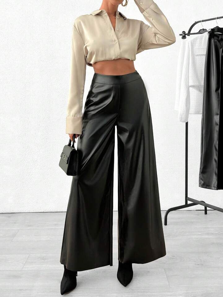 Pantalón Cuerina Elegante Corte Ancho con Pretina Alta - Image 4