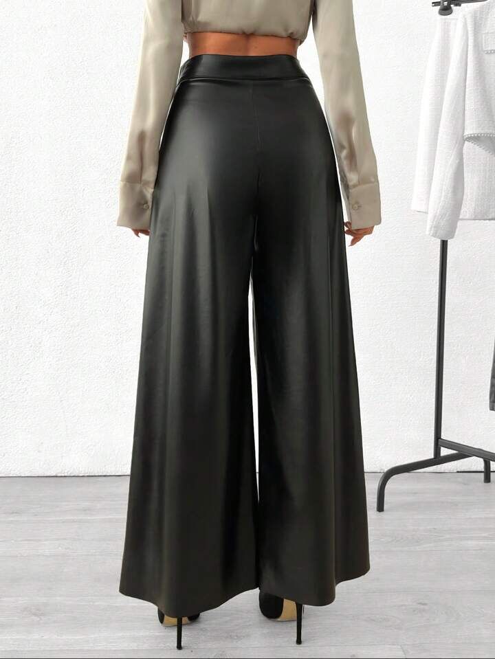Pantalón Cuerina Elegante Corte Ancho con Pretina Alta - Image 2