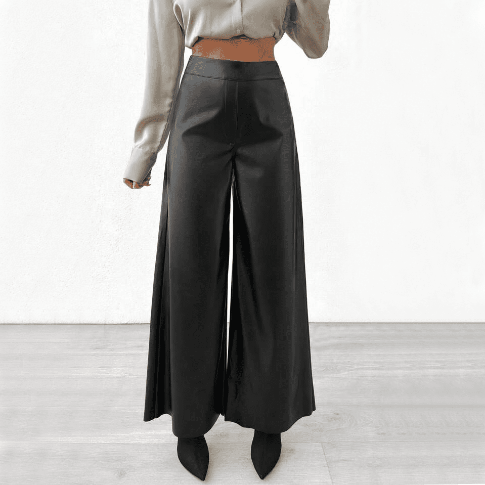 Pantalón Cuerina Elegante Corte Ancho con Pretina Alta