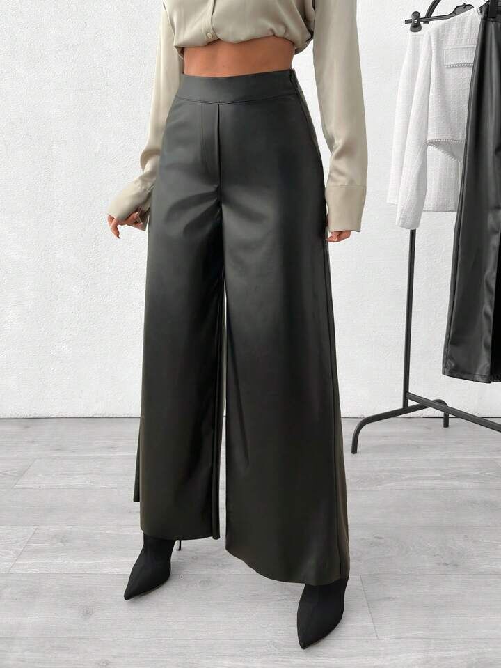 Pantalón Cuerina Elegante Corte Ancho con Pretina Alta - Image 3