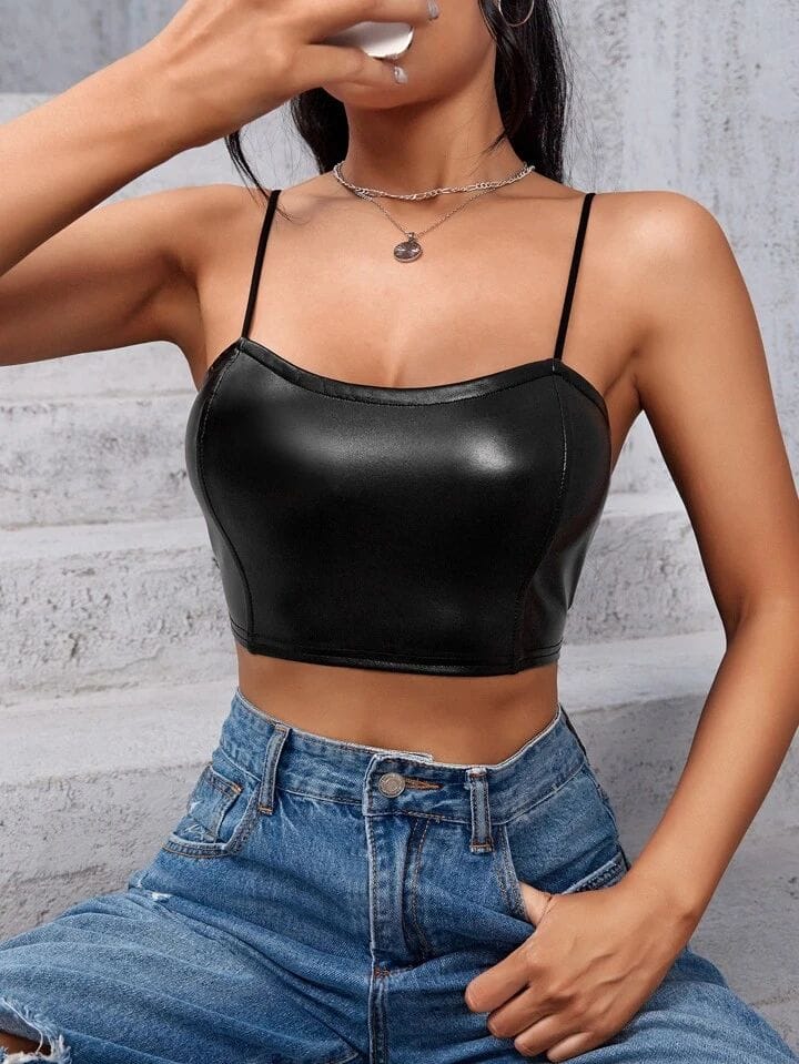 Blusas Ajustada Corta Con tiras En Cuerina