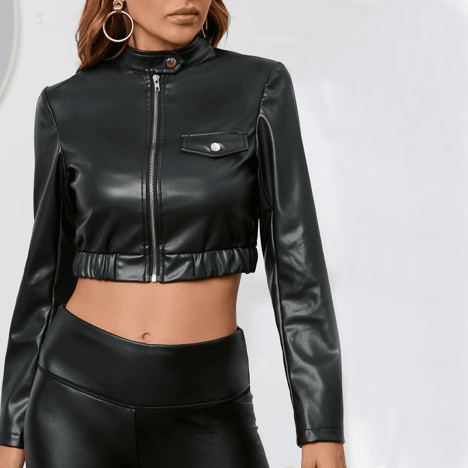 Chaqueta en Cuerina con Botón y cierre Plateado