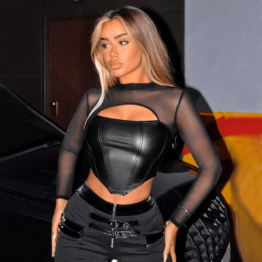 Blusa Tipo Corset en Cuerina con Malla Tex en Mangas