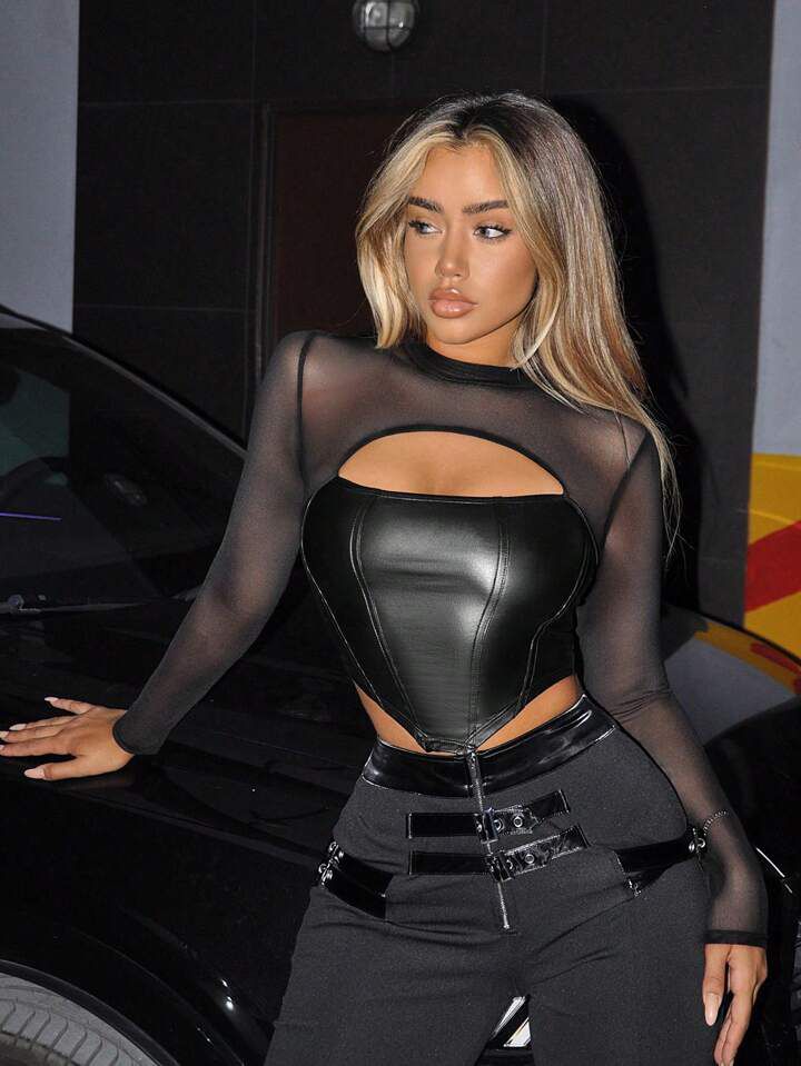 Blusa Tipo Corset en Cuerina con Malla Tex en Mangas - Image 3