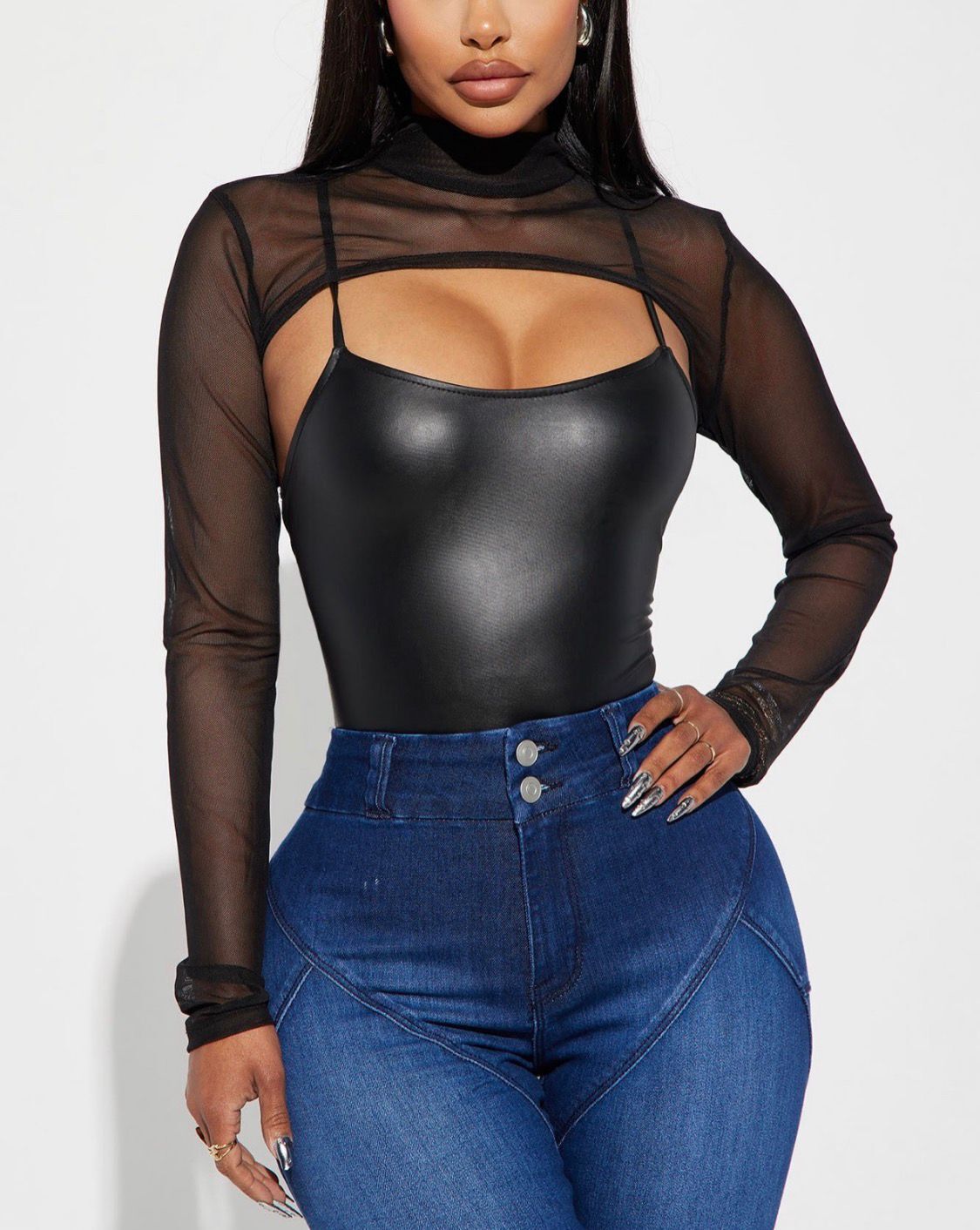 Body Cuerina ajustado con Blusa Malla Tex - Image 3