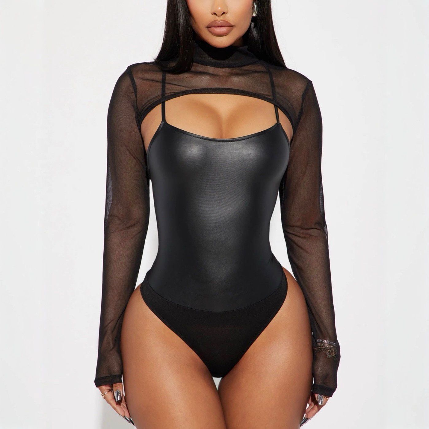 Body Cuerina ajustado con Blusa Malla Tex